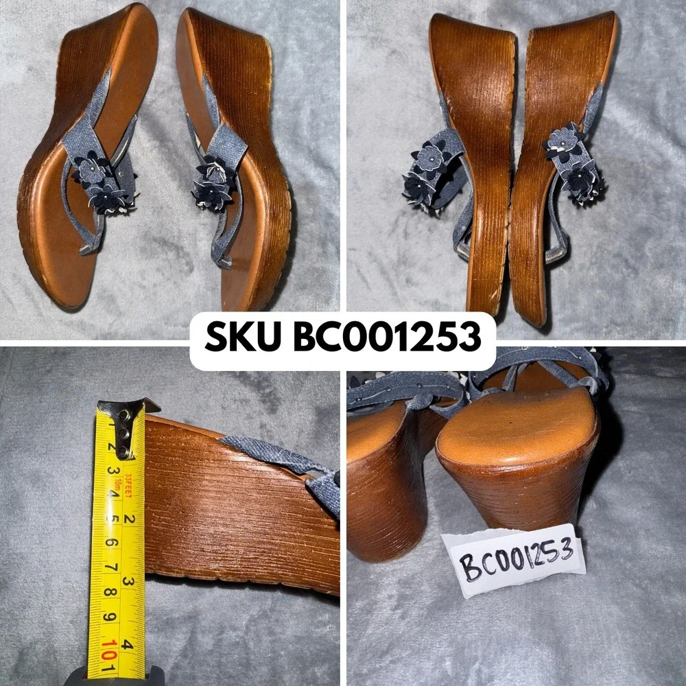 Italian Shoemakers Womens Floral Wedge Sandals 8 M Blue Denim Made In Italy